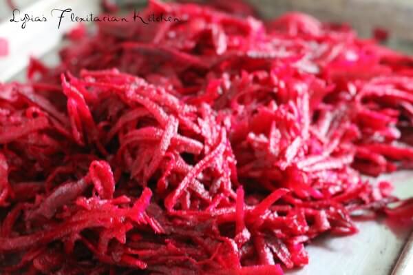 Grated beets ready to make borscht ~ Lydia's Flexitarian Kitchen