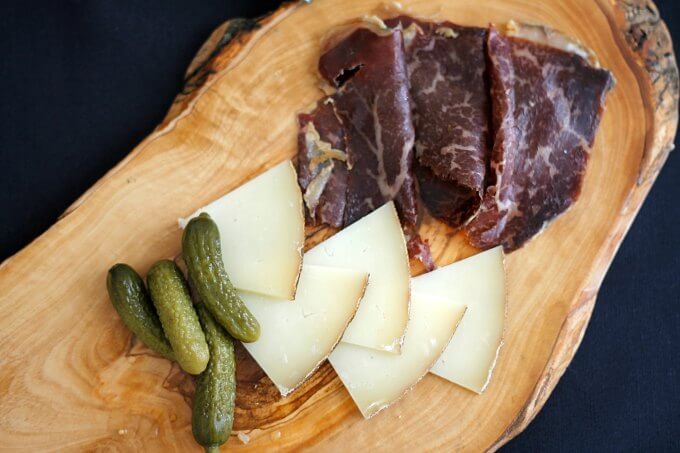 A platter of cecina, flor de Esgueva and pickles to go with our Gazpacho ~ Lydia's Flexitarian Kitchen