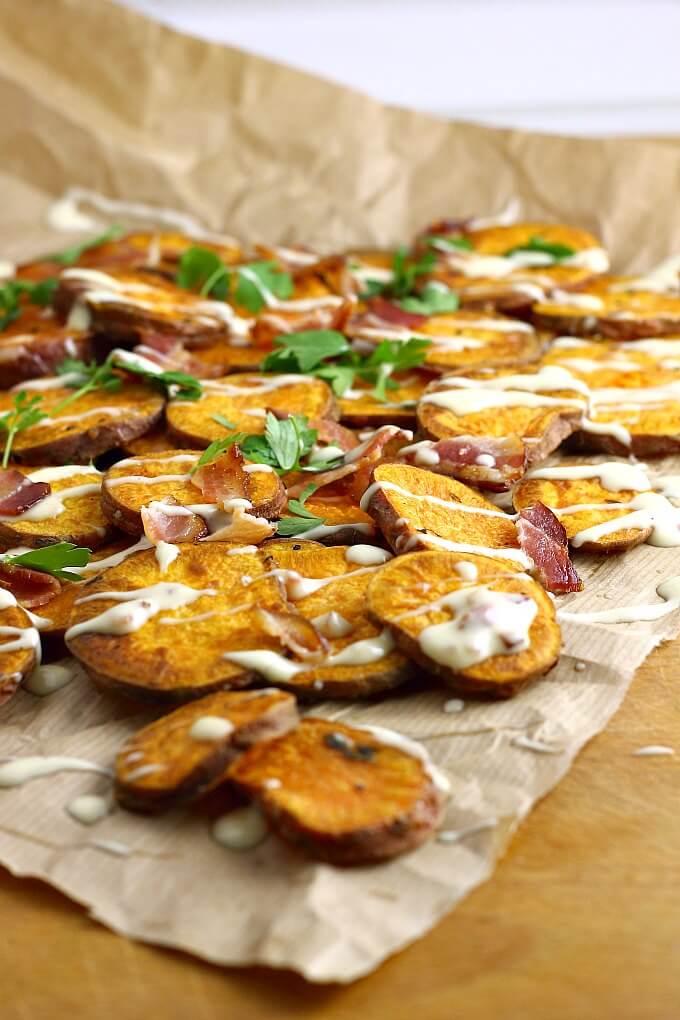 Oven Fried Sweet Potatoes with Bacon Maple Mayo ~ Lydia's Flexitarian Kitchen