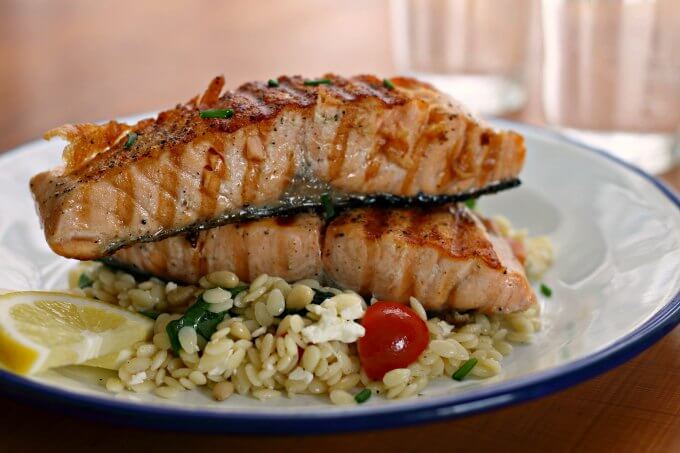 Grilled Salmon with Orzo Salad ~ I Heart Cooking Clubs ~ Lydia's Flexitarian Kitchen